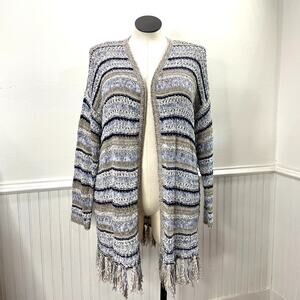Chicos Size 3 US XL Cardigan Sweater Open Knit Fringe Blue Cream Boho Cottage